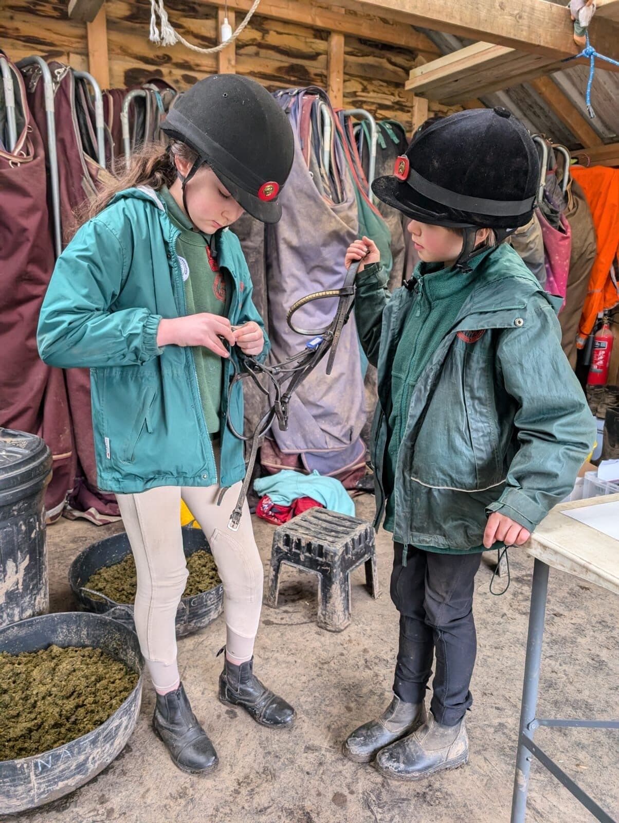 Two Horse Rangers checking over a bridle together in the tack room.
