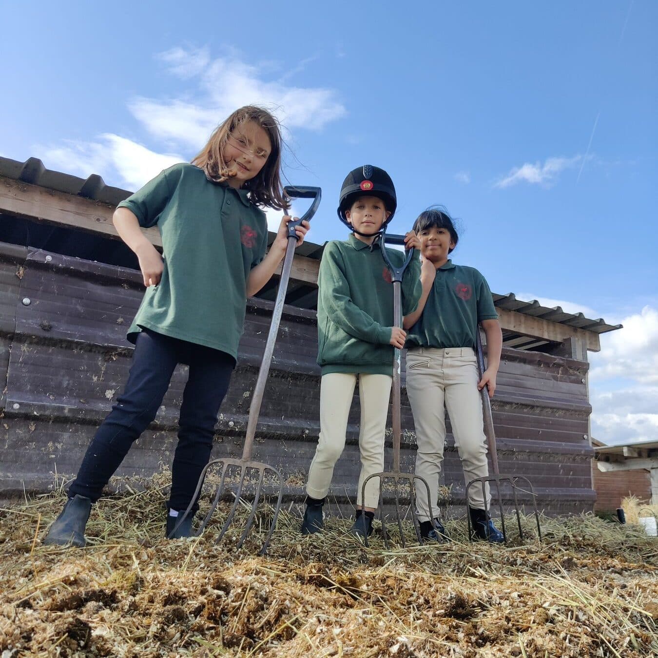 Three Horse Rangers leaning on their forks on the muck heap, smiling at the camera